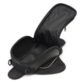 Black waterproof motorcycle tank bag with open compartment, made of 800D nylon, featuring multiple pockets and a phone display window.